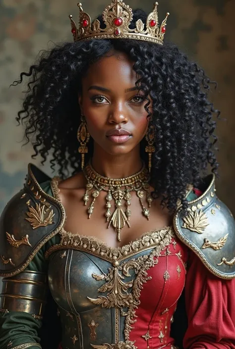 Create an image that unites a warrior, with armor , swords and breastplates, and on the other side a princess, queen, with crown, as if a woman were half a. Half the other. A black woman with curly hair, On the right side she is wearing a very pretty princ...