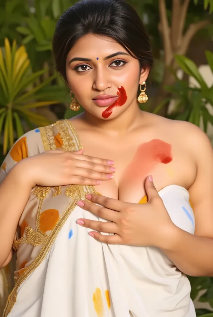 araffe woman in a white dress with colour splash through hand on her chest, * colour splash *, colour splash, in red, blue, yellow, green, orange, pink, purple, brown colour splash Body and breast and chest paint, brutal bloody and sluty make up, covered i...