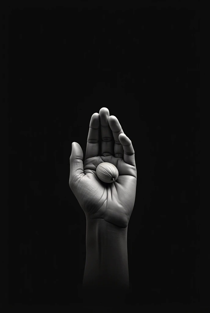 Create a simple 5-fingered hand holding a seed black and white background, I want a black background. And a small seed