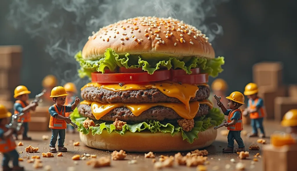 Generate a highly detailed, ultra-HD 8K scene of a team of tiny construction workers building an enormous burger. Some are stacking layers of lettuce, tomato, and cheese, while others are grilling a massive patty with mini blowtorches. A few workers are sp...