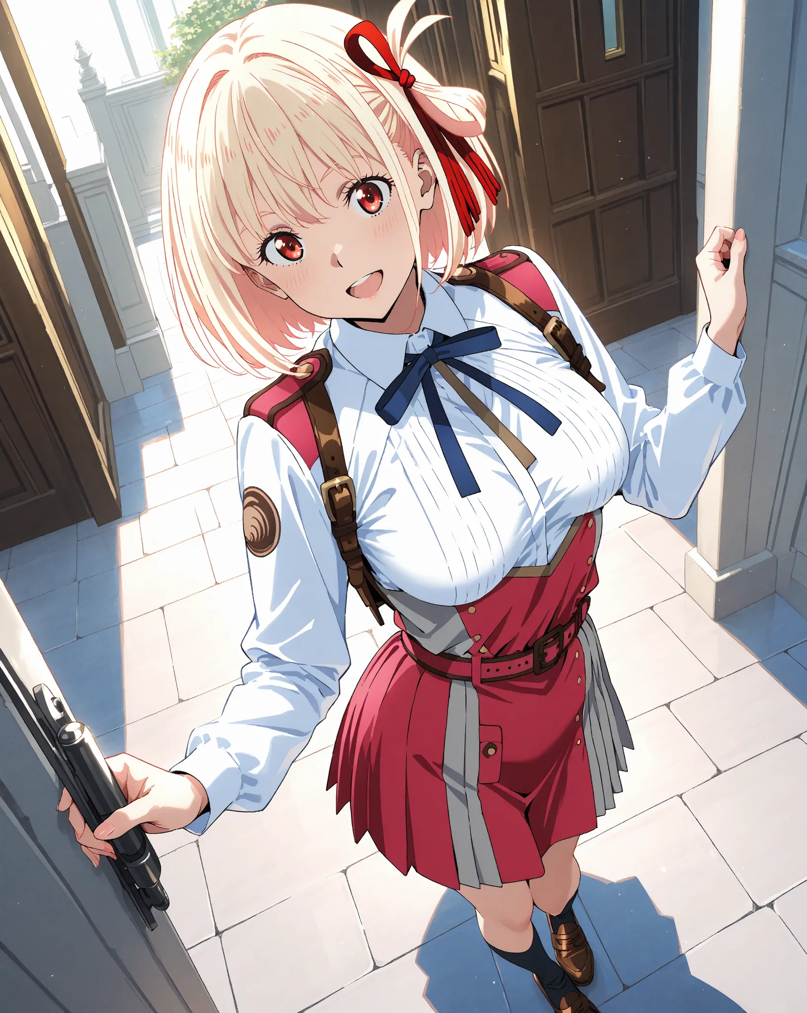 chisato nishikigi, alone, short hair, fringe, blond hair, red eyes,  glowing eyes , hair de cabelo, one side up, bob cut, semi-transparent shirt, long sleeve clothing,  dressed , hair,  tight white shirt , collared shirt, belt, hair de pescoço,  dressed  c...