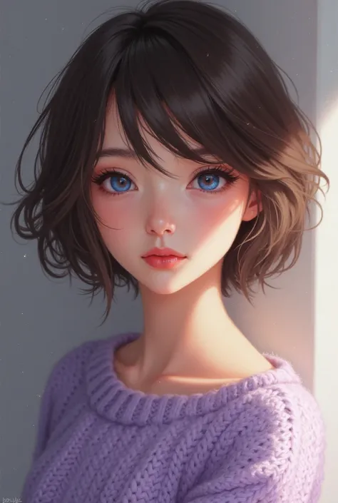 Beautiful girl with short brown hair and blue eyes wearing a purple sweater her features are close