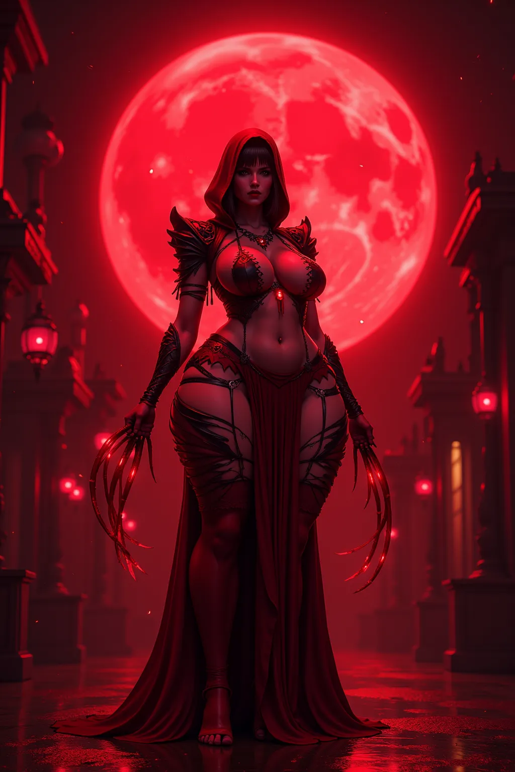  Red Necromancer , Blood Moon, ray tracing, masterpiece, best quality,  Ultra High Quality ,  Absurd Details, The best light, best shadow,  sharp,  sharp image,  details, extremely  details,  Great Resolution, 8k, 4K, super high resolution, Particle Effect...