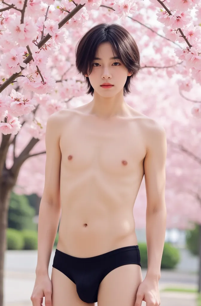 1 male、 pretty boy、18 years old、Japanese man、 black hair、 black underwear、Short Hair、crotch bulge、naked、Baby Face、半naked,Skinny、 slim、Under the cherry blossoms