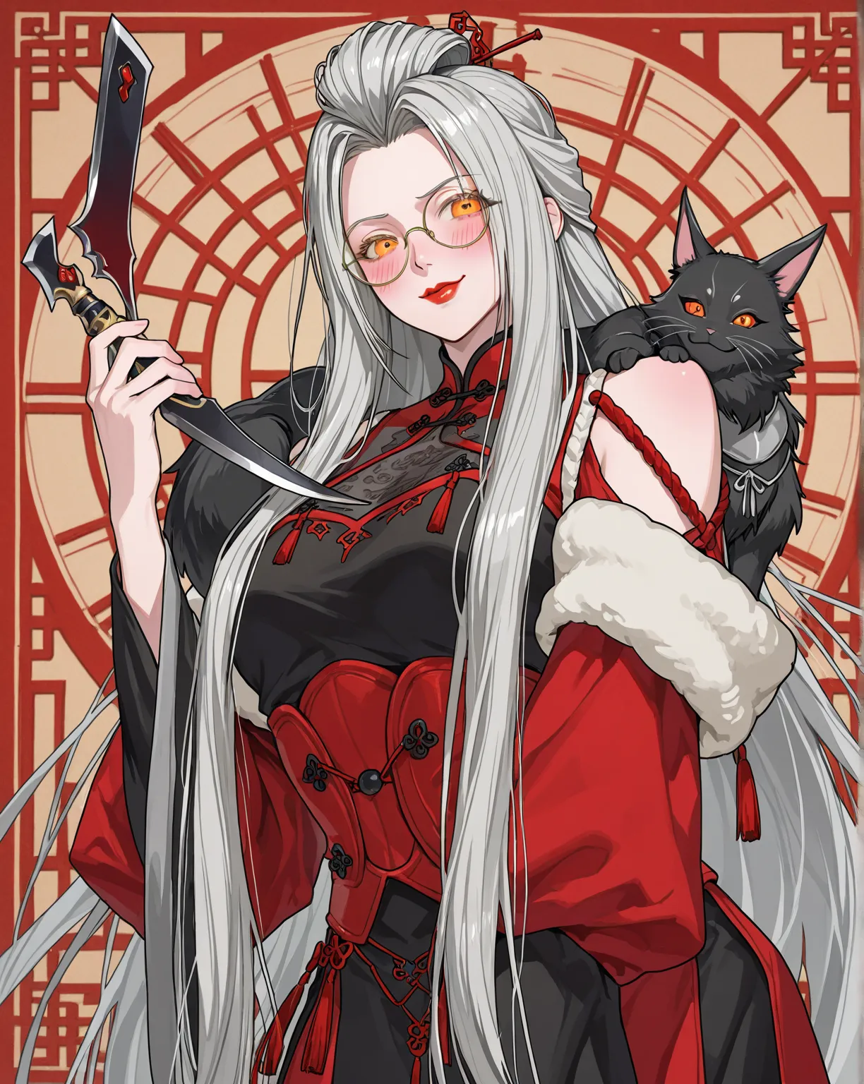 A solo cute japanese woman wanders on the Han Court Palace,orange eye also red lips, wear red qipao with black fur on shoulder, holding a chinese blade in her hand, taking a moment to it. Her wear round glasses, final fantasy sephiroth white mixed grayish ...