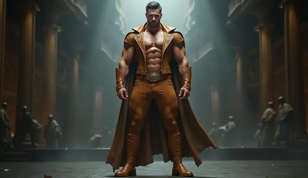 please imagine a handsome flirtatious tall exceptionally muscular physique demigod antihero wielding immense powers in tan leather suit and boots.