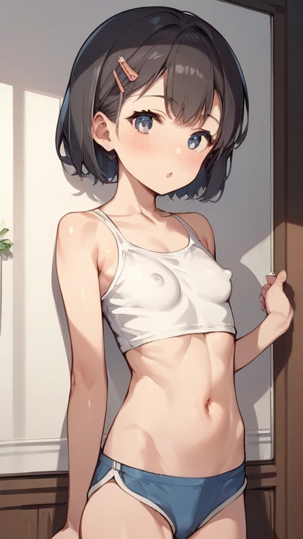 score_9, score_8_ up, score_7， source_anime，nsfw， uncorrected，young skinny girl, small breasts，she must be cute , A young girl with beautiful、soft and sticky lips， bright living room，It's held on the wall，nipple outline，