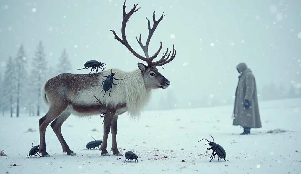 
"A white reindeer standing in a snowy landscape, majestic antlers reaching high, while large, dark beetles crawl and move across its body — some climbing its legs, others swarming its back. The reindeer's fur contrasts sharply with the insects. The snow-c...