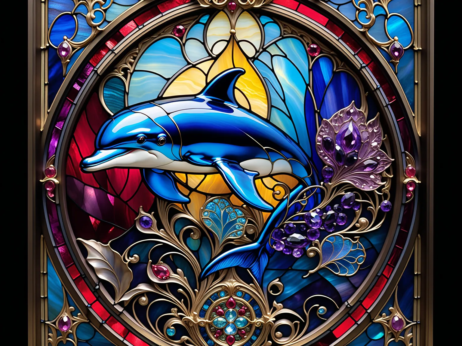 Three primary colors , like a movie, Close up of a blue ruby dolphin, Baroque, Claora, Highly Detailed Stained Glass, amethyst crystal, Iridescent Labradorite Crystals,  Andy Kehoe , John Blanche, intricate and highly detailed background,  fantasy,  filigr...