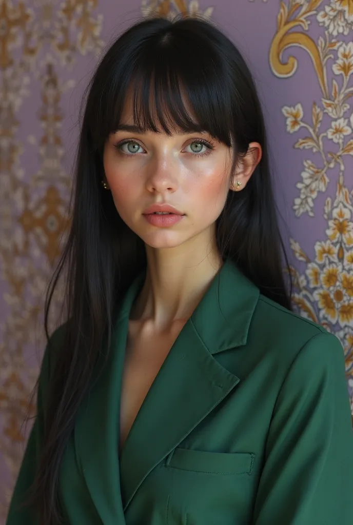 Create a . She should be wearing a woman of Slavic appearance with a square, black hair, blue eyes. She should wear green clothes that are not bright. On the background, light purple wallpapers with gold paintings