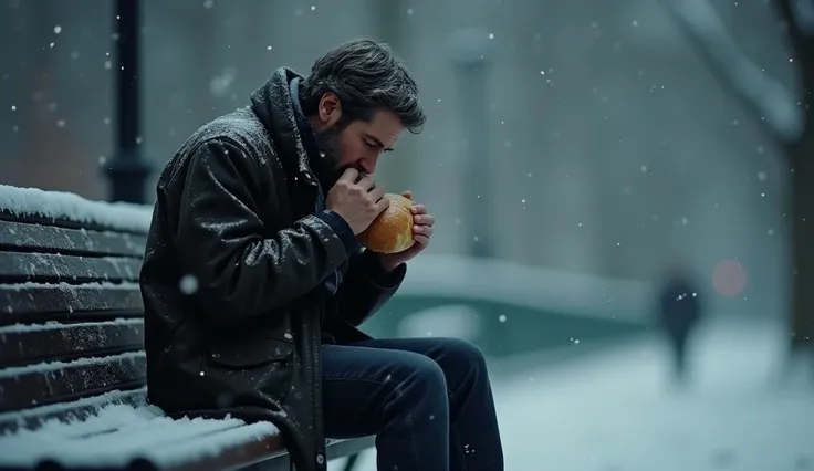 With trembling hands, the tired man sitting on the bench slowly picks up the bread and takes a small bite. Snow falling 