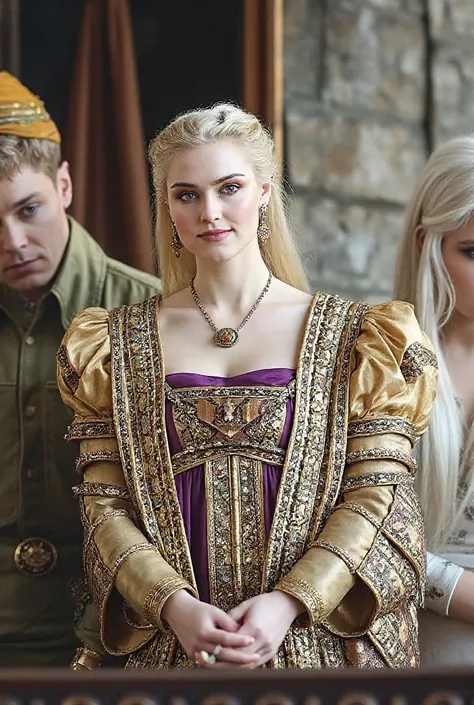 A woman with classic Valyrian features, including pale skin, long silver-gold hair often worn in a braid, and striking purple eyes; she is considered very beautiful, with a proud and sometimes petulant expression, often adorned with glittering jewels and r...