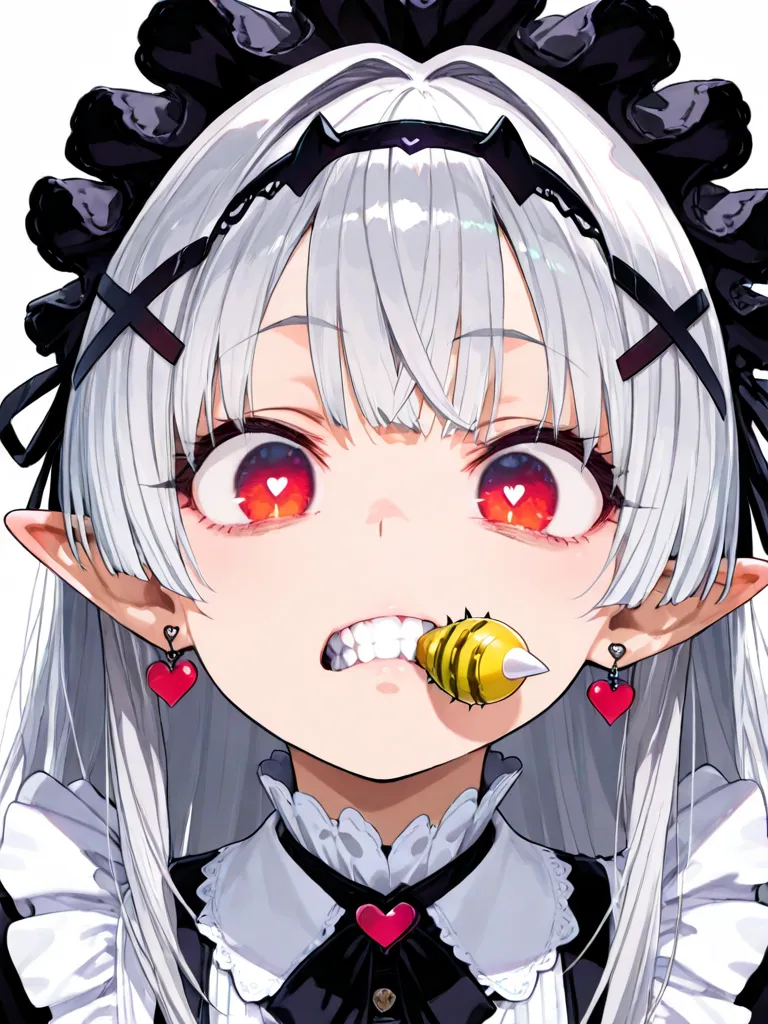 1 girl, long hair, teeth, squirking pointy ears, tooth,  Silver Hair, hair hanging over shoulders, heart-shaped earrings,  vertical pupil /Cat&#39;s Eyes, red eyes, Black headband, Maid Head Accessory, x shaped hair ornament,  heart shaped hair accessory, ...