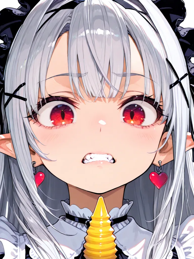 1 girl, long hair, teeth, squirking pointy ears, tooth,  Silver Hair, hair hanging over shoulders, heart-shaped earrings,  vertical pupil /Cat&#39;s Eyes, red eyes, Black headband, Maid Head Accessory, x shaped hair ornament,  heart shaped hair accessory, ...