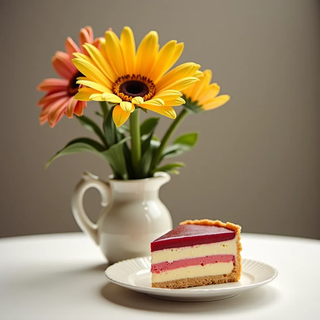 café, that goes up  ,cake on a plate ,flower,vase,ventana