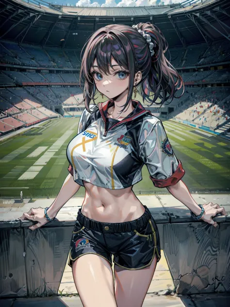 perfect anatomy, correct body, earring, large breasts, narrow waist, short hair, wavy hair, hair behind ear, half updo, black hair, looking at viewer, cowboy shot, crop top, shorts, sports uniform, stadium,