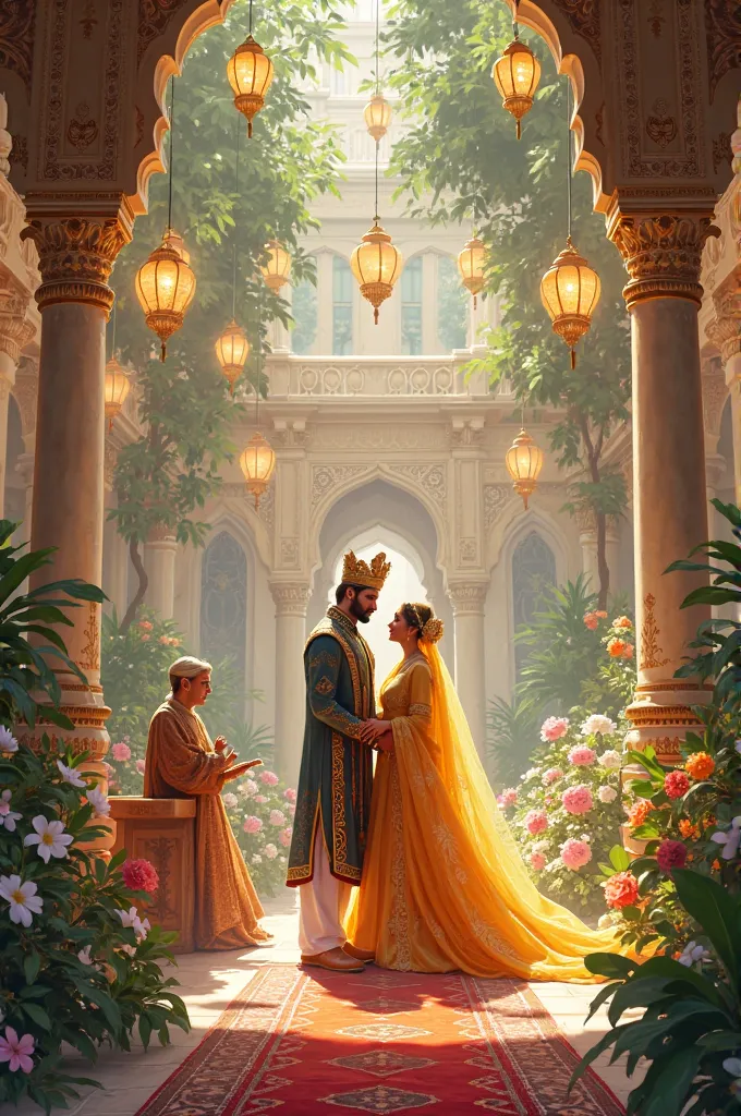 "A grand royal wedding scene where Arjun, wearing elegant Islamic-style royal attire, stands next to Princess Chandrabati, who is dressed in a beautiful golden hijab and a flowing gown with intricate patterns. The palace courtyard is decorated with flowers...