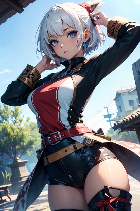 ((Monster Hunter Jinooga X)),((1 girl)),  latest trends in clothing ,cute, Exposure, outdoor, cowboy shot,((very well detailed,Top Quality, High Resolution,  8k Wallpaper, Beautiful clothes,)),(( white hair, short hair, Bouncing Hair)) ,(Shining Blue Eyes)...