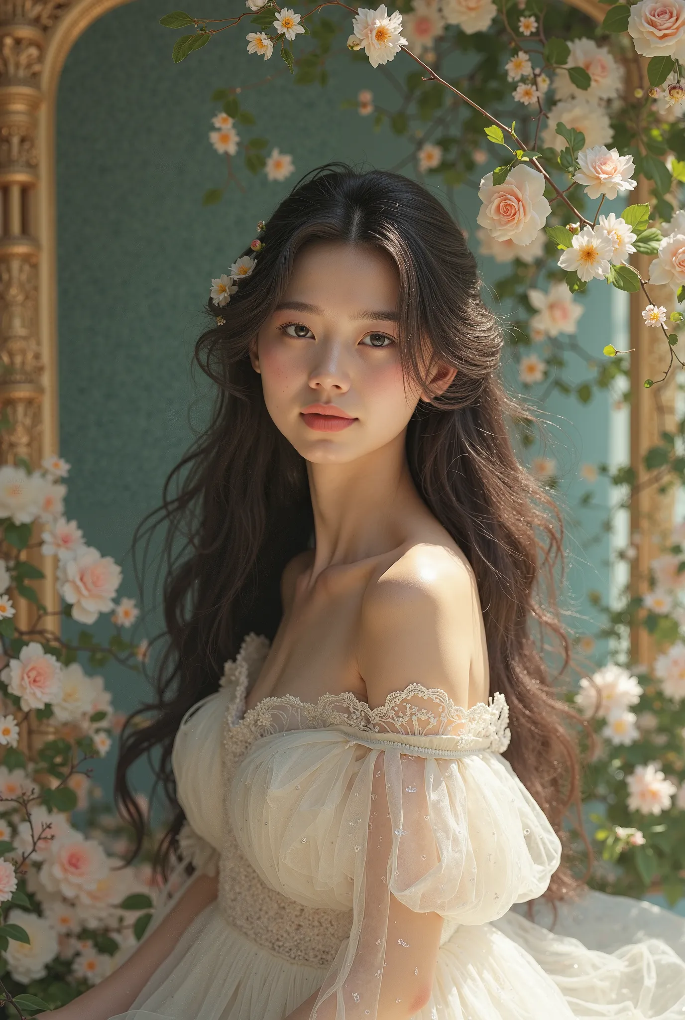 Beautiful lady
Divine feminine
In a castle
Asian beauty
Long wavy hair
Flowers