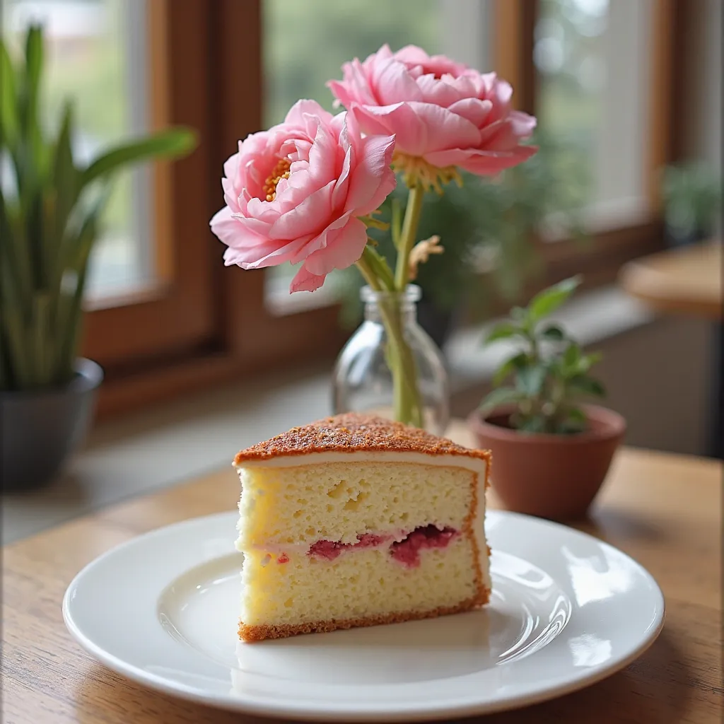 café, that goes up  ,cake on a plate ,flower,vase,ventana