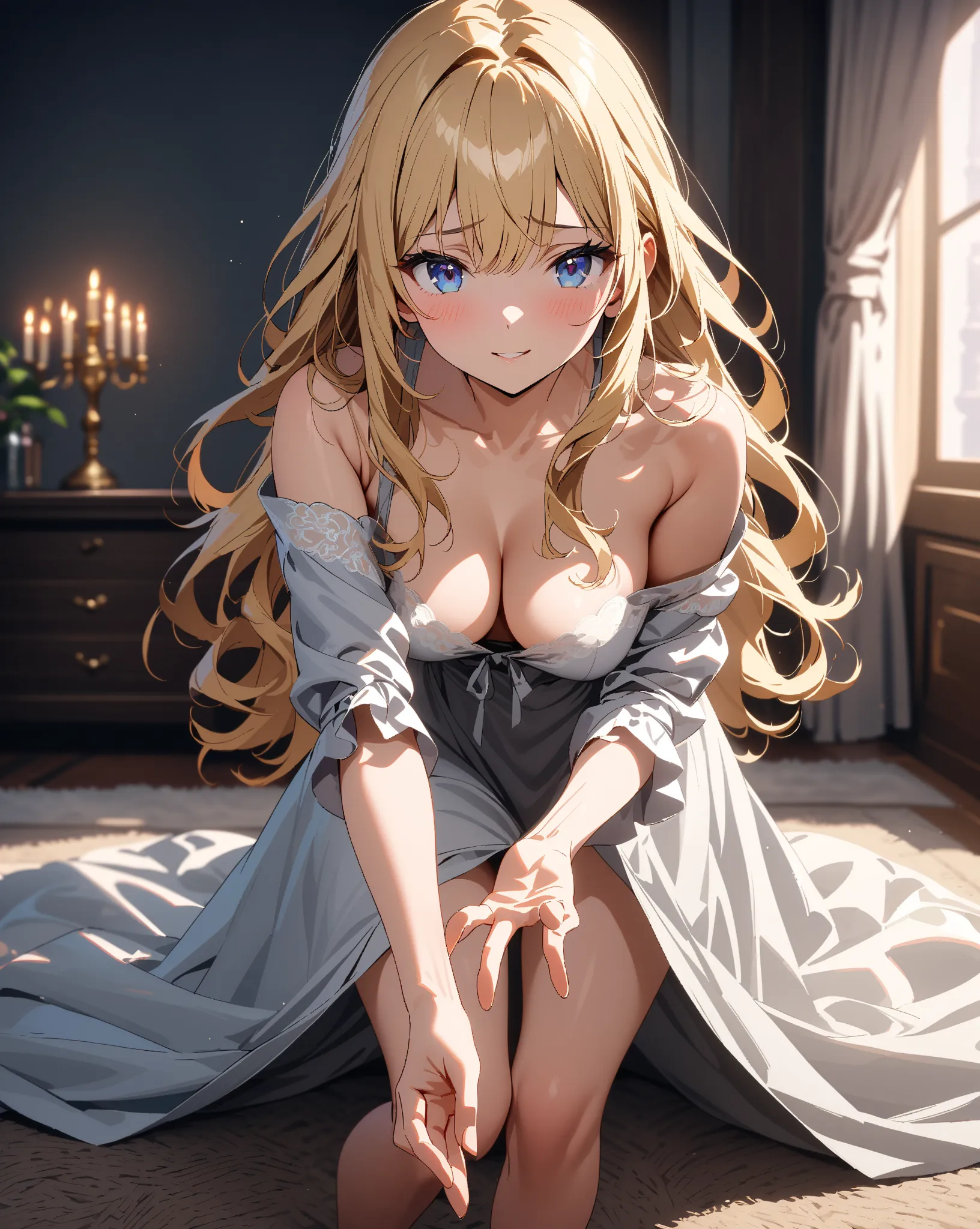 top quality, ultra high detail, high resolution, masterpiece, 8K, one girl, solo, stunningly beautiful anime girl, long wavy blonde hair, deep blue eyes, blushing cheeks, soft and timid smile, slightly parted glossy lips, fair smooth skin, shy and hesitant...