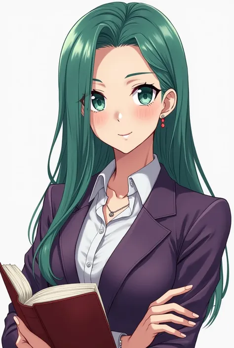 Image is a digital illustration in an anime style, featuring a confident and professional young woman with long, green hair and large, expressive teal eyes. Her skin is fair, and she has a gentle yet determined expression with a slight blush on her cheeks....