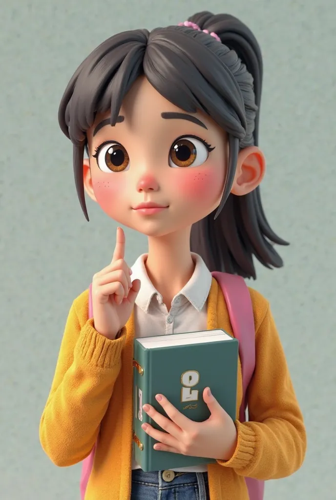 3d girl student holding a math book, index finger pointing up and her expression is like she just learned something new 