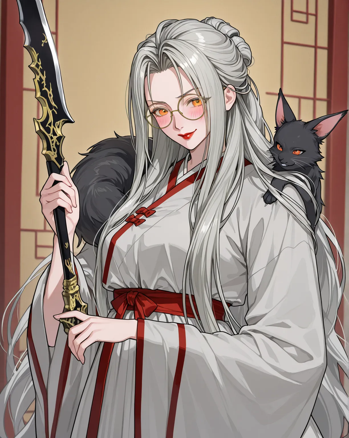 A solo cute japanese woman wanders on the Han Court Palace,orange eye also red lips, wear hanfu attire with black fur on shoulder, holding a chinese blade in her hand, taking a moment to it. Her wear round glasses, final fantasy sephiroth white mixed grayi...