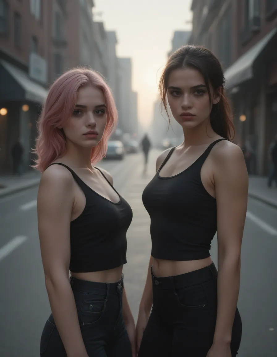 2 girls, woman with pink hair and brunette hair, in a city, good morning, early morning mood, moody morning light, gothic girl dark and moody, tight black tank top, gorgeous females, seductive ladies, badass look, moody photography