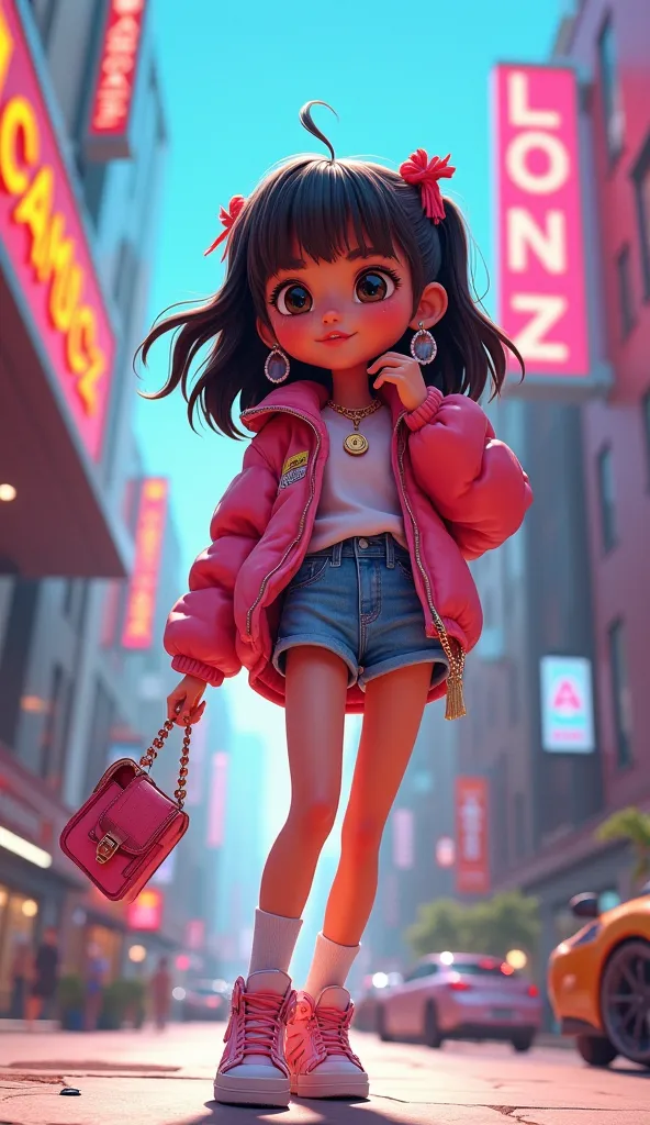  Create a HD,  3d Rendering,  dynamic ,  comic about about a A cute young age girl a genz. Her choice of clothes , her hair speaks out she is genz . Her jwellery and her bag , shoes all genz style