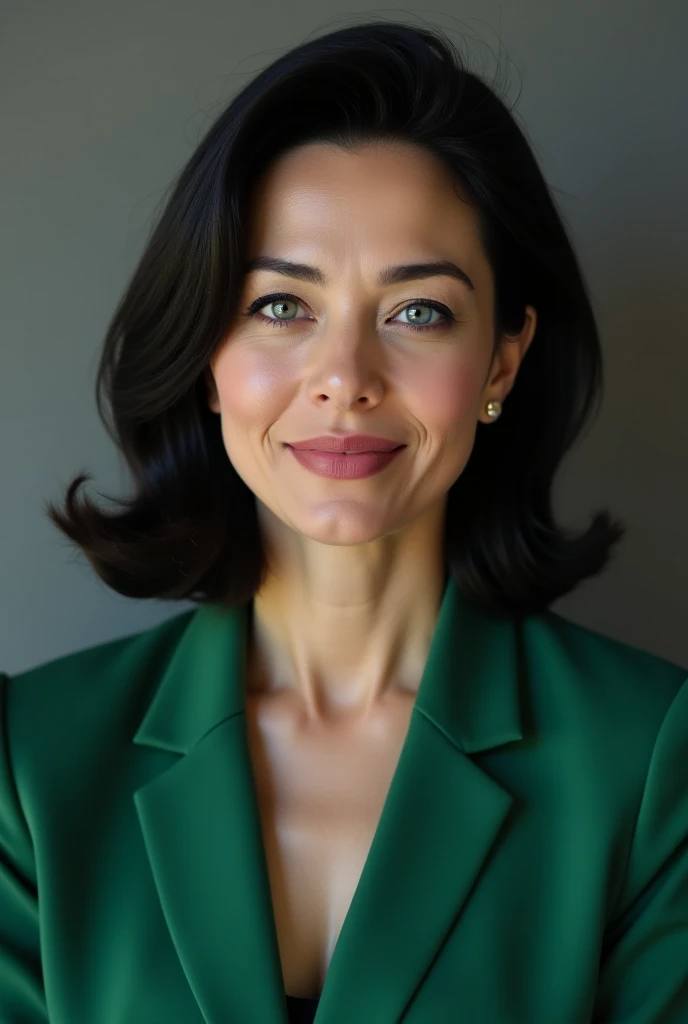 Take a photo of a middle-aged woman, with black hair up to the shoulders, blue eyes. She should be wearing green clothes on a background of gray wallpapers