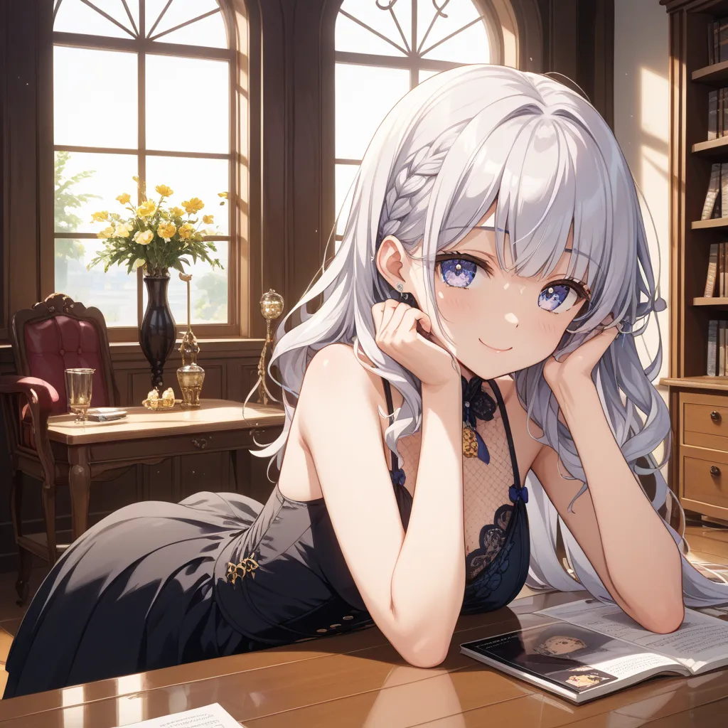 gender: woman/age: 20th Generation / hairstyle/hair color: Super long silver hair/Hair Type:やわらかく流れるようなHair Type/Reflection of light on the hair：Her hair delicately reflects the soft sunlight/Eye color：A gradation of white at the bottom and light purple at...