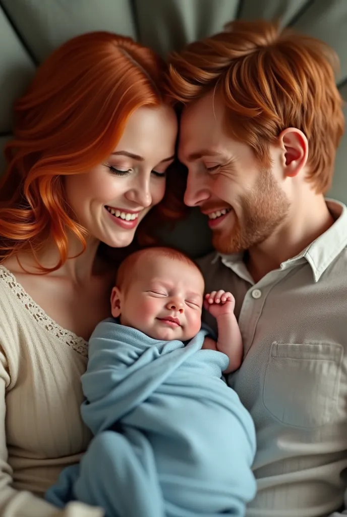 Draw a picture of a family , mom and dad with red hair and a baby in a blue blanket 