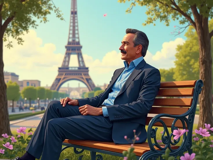 A 60-year-old man with straight black hair and a moustache wearing a navy blue suit, a sky blue shirt and black shoes sits on a bench in a park in front of the Eiffel Tower in Paris, France.