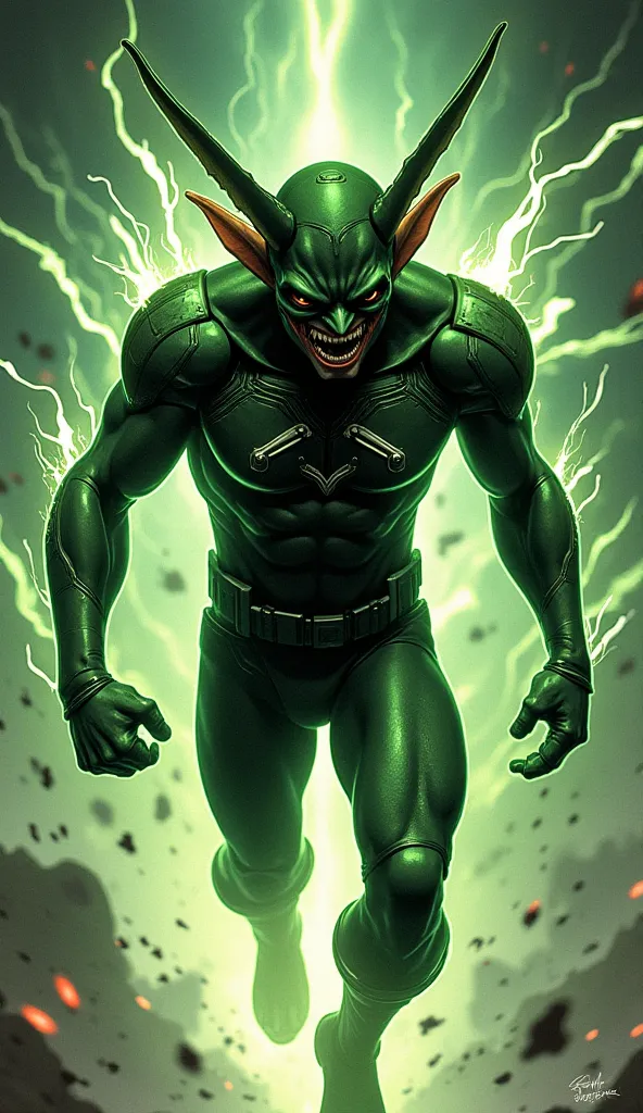 "The Goblin Speedster materializes in a distorted time-warp, a nightmare that no hero can escape. His armor now sleek and lightning-infused, enhanced by futuristic speedster tech. His glider dissolves into pure kinetic energy, allowing him to move faster t...