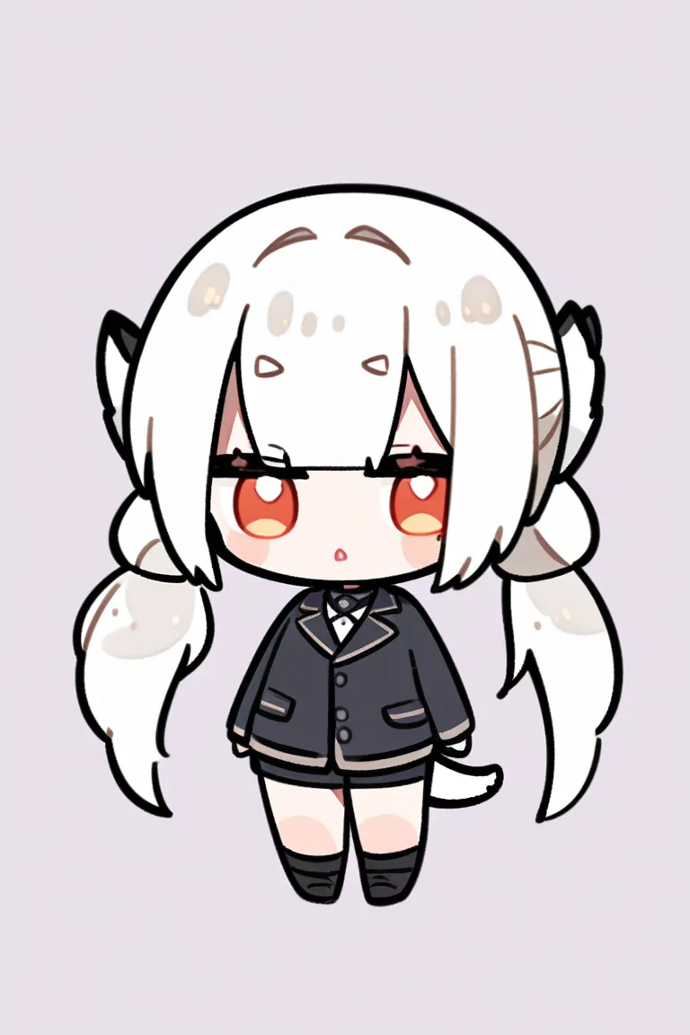 Chibi white haired dragon girl with buns and twin tails, flat front bangs, long twin tails, tail, straight bangs