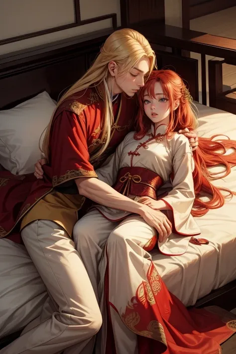 bed、Woman with green eyes and red hair、Tall, slender man with golden eyes and long blond hair、 cuddling 、eyes are open、ancient Chinese style clothing with a narrowed hem、Ancient Chinese style pants、couple