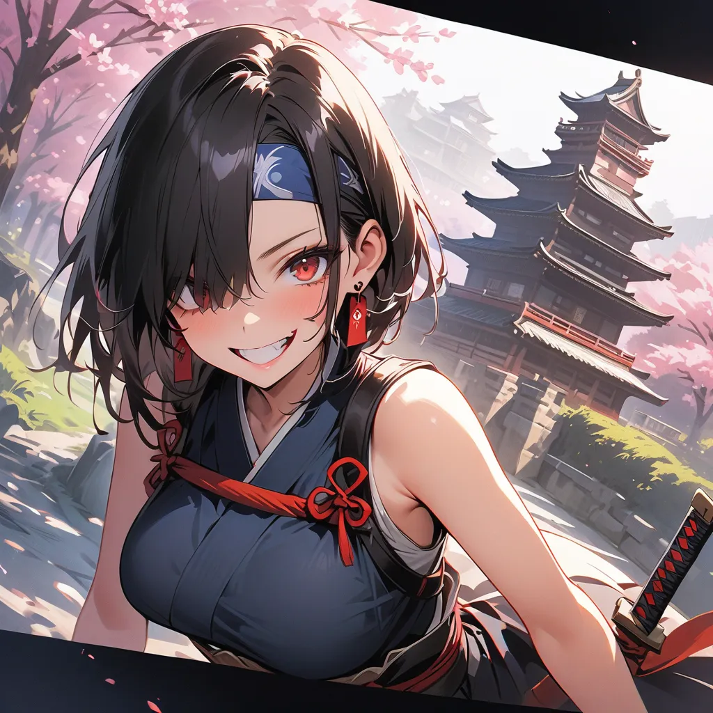 (beautiful girl : 1.3),1 girl,(samurai,warrior, Japanese sword,headband,Chest guard,earrings), black hair,bob cut the blue cloth, Hair Over One Eye,red petal tattoo on the cheek,crazy smile,Reckless attitude,Evil face,Provocative attitude, with sharp eyes ...