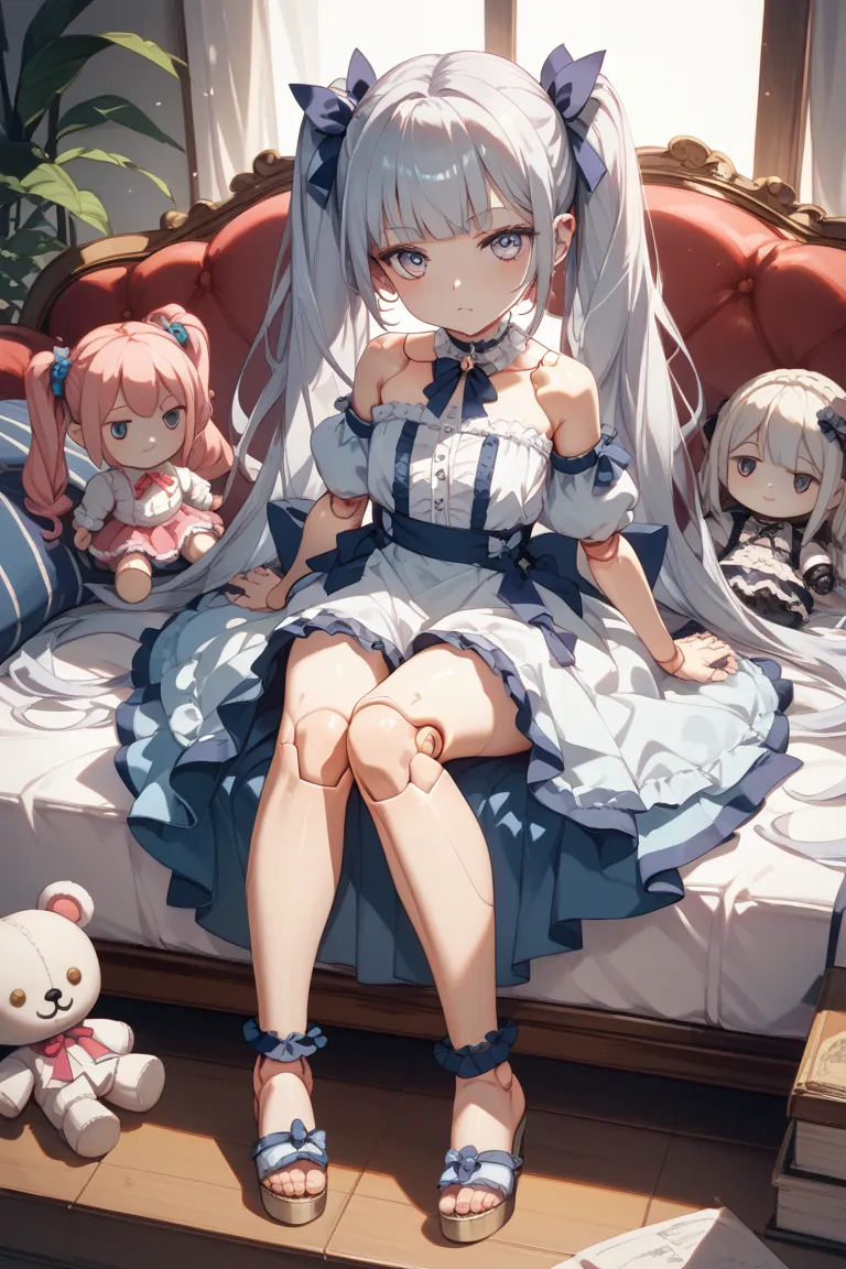  Silver Hair、twin tails、Doll girl 、doll joints、 Spherical Articulated Dolls 、full body、unkown clothes、A seductive gaze、I can see your knees、I can see your elbow