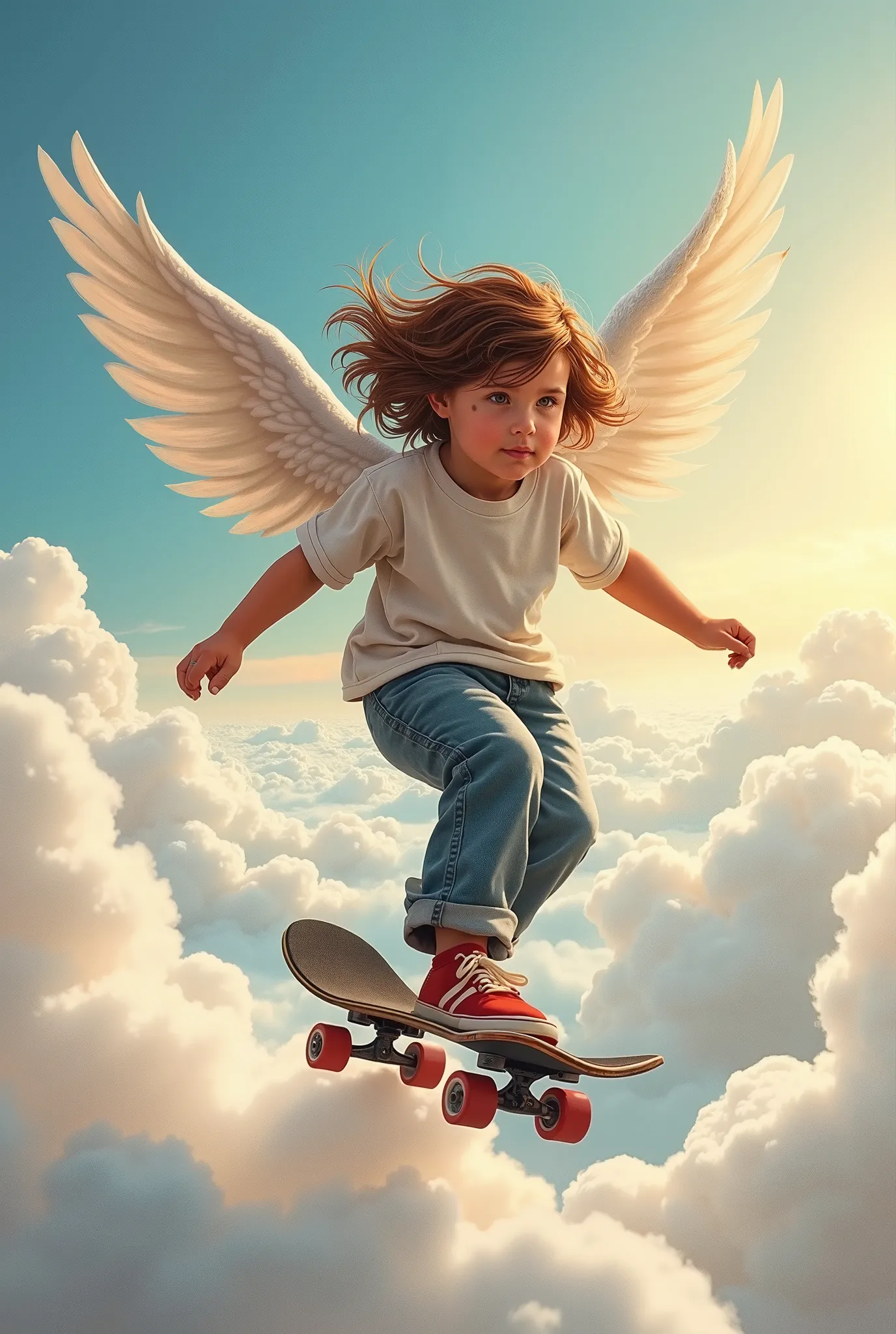 I am going to draw the mother of the deceased Mattia Ahmet Minguzzi on a canvas for her and I want to present her mother. A boy who looks 10- from you has wings above the clouds in a heavenly place, he has wings above the clouds with open arms on the skate...