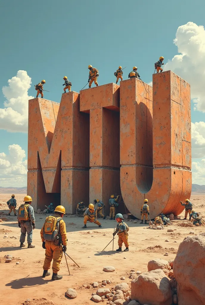 Tiny people build a big logo of (MTU) Letters 