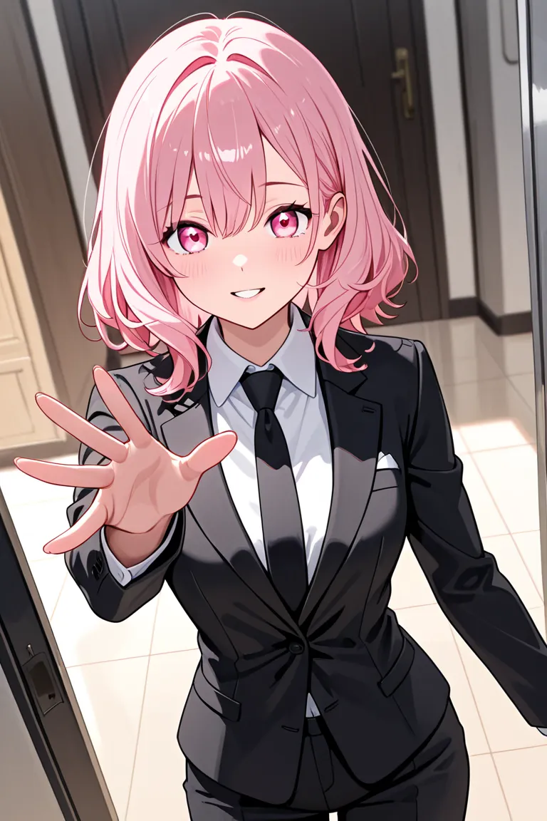 With long pink hair and pink eyes, she is standing wearing a black suit and tie. Her eyes are raised, and she is seducing her by reaching out with her good-looking eyes.