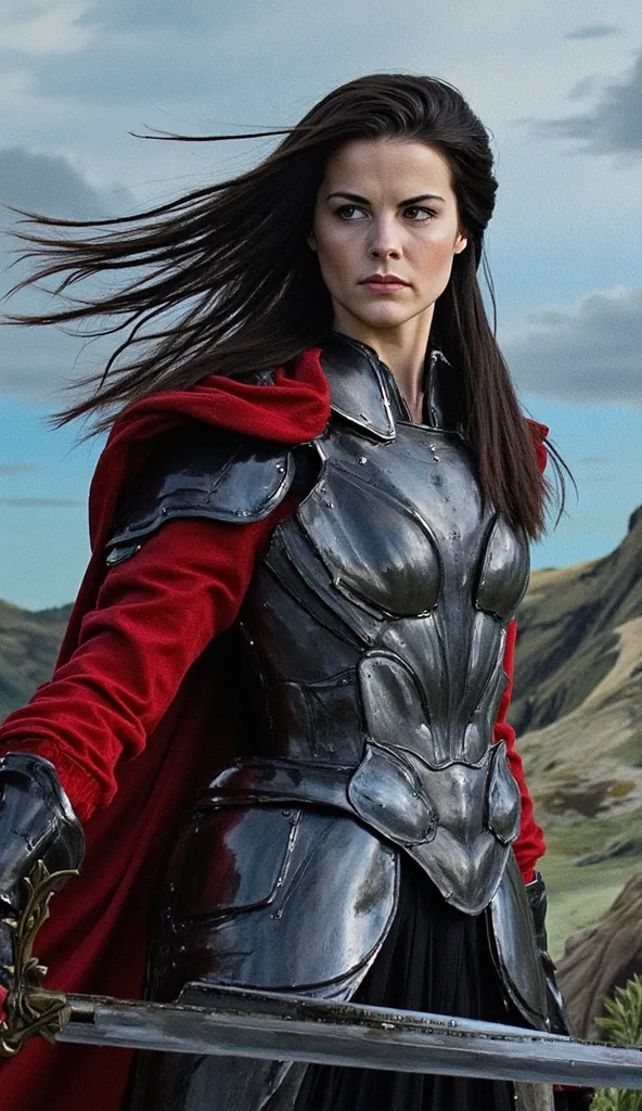 cnvsflx, acrylic art, arafed woman in armor with sword and shield in a scene, jamie alexander as lady sif, furious dark haired women, film still from 'thor',marvel movie, of a beautiful female knight, , anime style, hair blown by the wind, long strands of ...