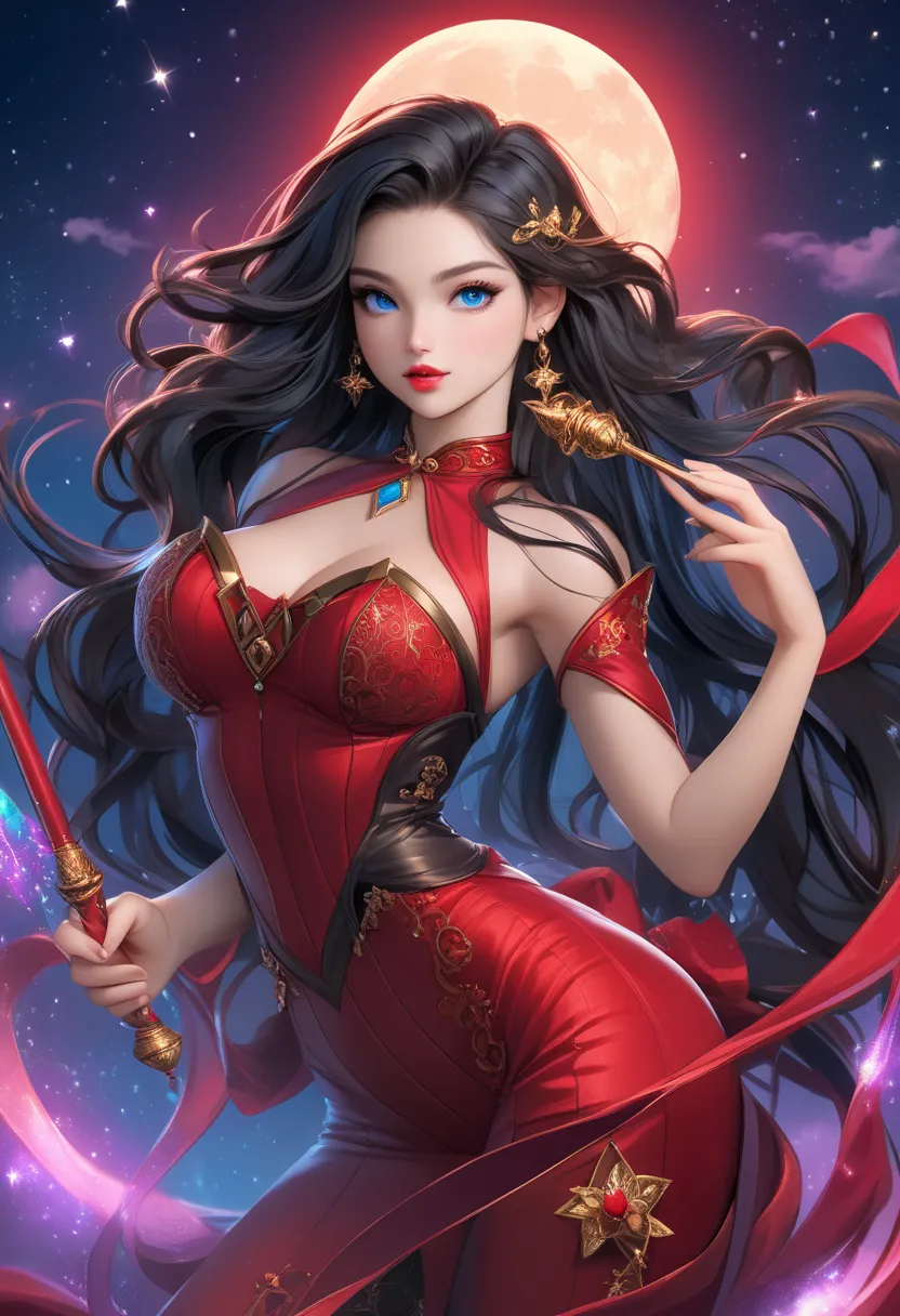 A captivating representation and a magic wand in her hand, a young and beautiful model with an extremely pretty face framed by long black hair, blue eyes, red lips, her figure is breathtaking, meticulously rendered with perfection in every detail, looking ...