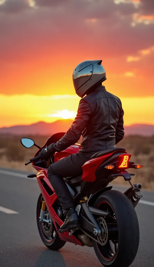 A motorcyclist wearing a full black biker suit and a closed helmet with a mirrored visor, sitting on a red sports bike on an open road. The scenery in the background shows a stunning sunset, with orange and purple tones illuminating the sky and reflecting ...