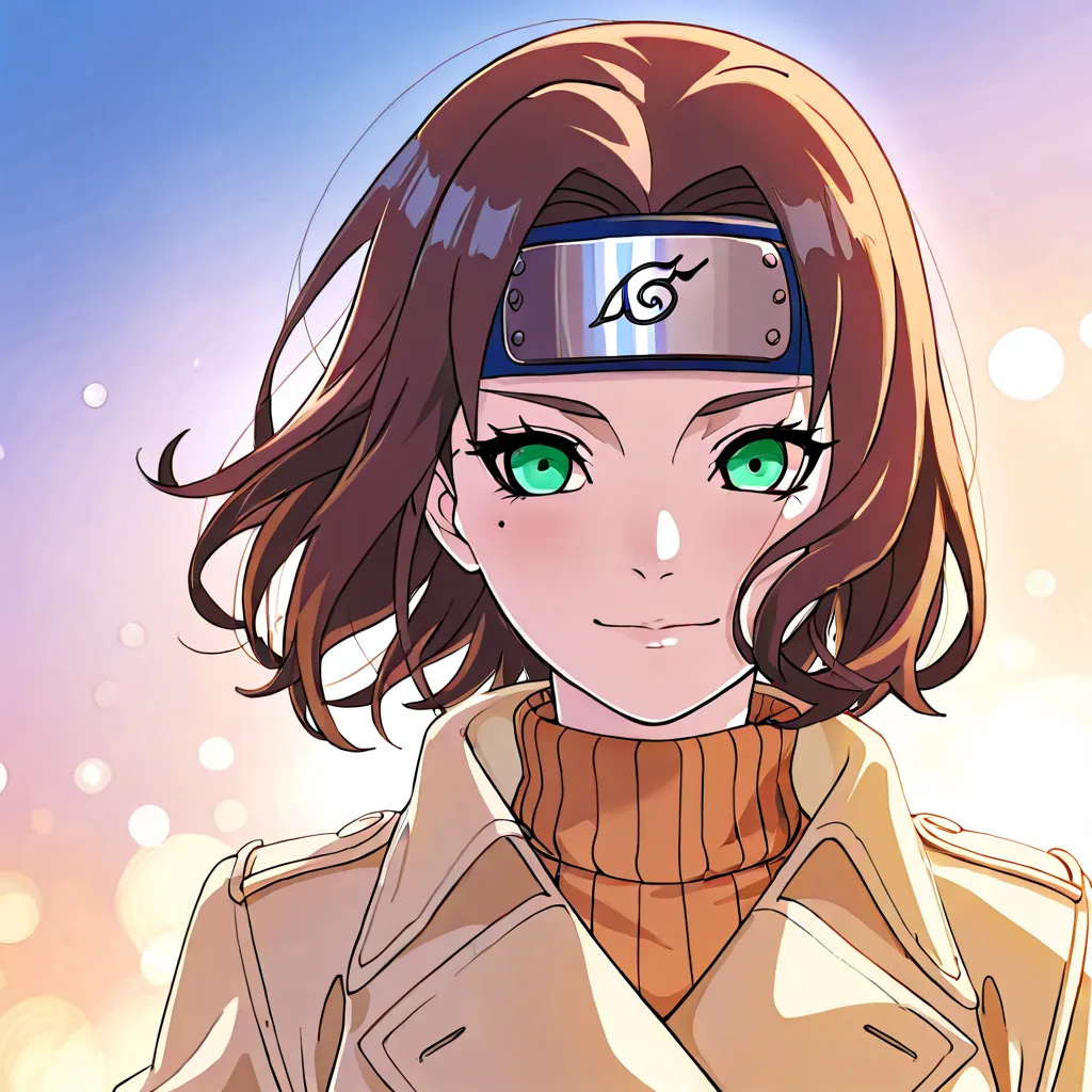 Image is a digital painting featuring a stylized portrait of a stunningly beautiful woman in a Naruto-inspired anime style. The subject has radiant fair skin and short, curly brown hair that partially obscures one captivating vivid green eye. A small mole ...