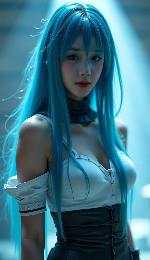 A beautiful woman stands confidently in a striking cosplay, embodying a character with long, flowing hair that transitions from deep blue to a lighter hue. Her pale, almost ethereal eyes gaze directly at the viewer, lending an otherworldly quality to her e...