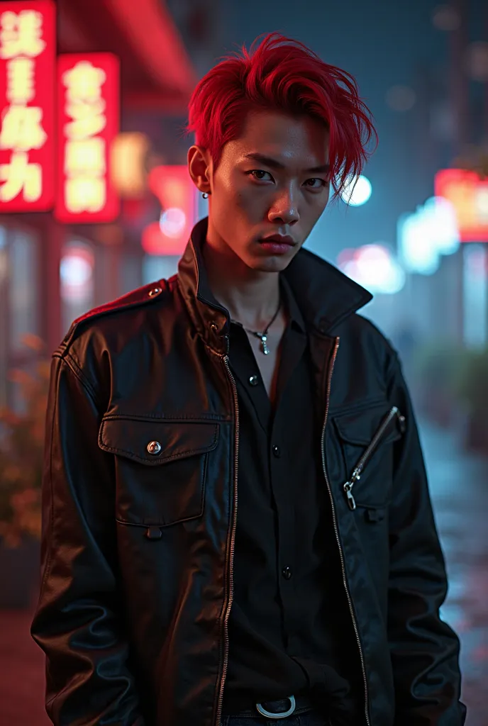 A handsome misterious boy with black bad boy outfit and red hair, make it asian kpop thingy