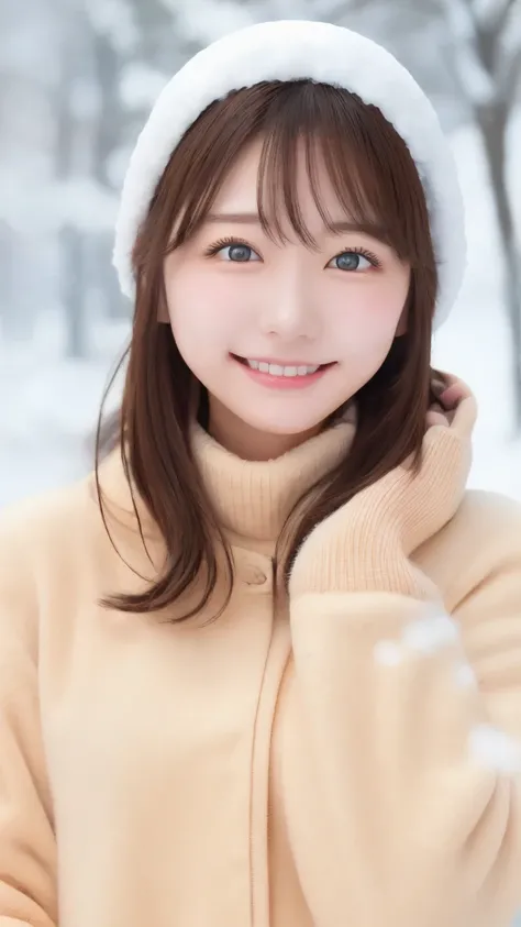   top quality  , ( beautiful)、 beautiful女性、Alone、1 person、Precision Eyes、   medium hair 、 small breasts、 upper body、 smile、 down coat、Snow Scene、 muffler 、