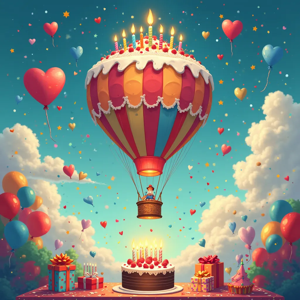 colorful and festive digital illustration, square format 1 :1, 3000x3000 pixels . in the center, a bright, multicolored hot air balloon shaped like a birthday cake, flotando sobre un paisaje de nubes blancas y un cielo blue claro. The globe has burning can...